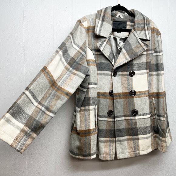 Attention Plaid Fleece Double Breasted Pea Coat Womens 2X Outdoors Wool Blend - Picture 5 of 11